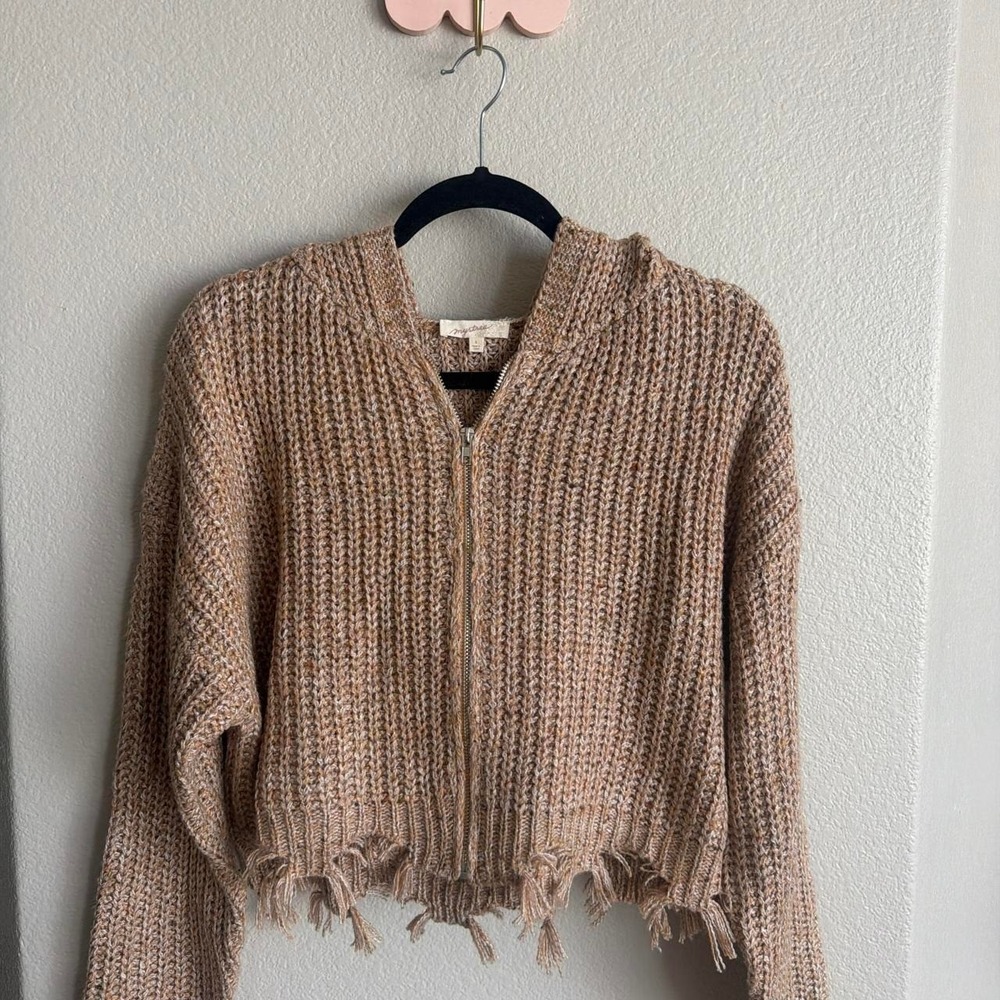 Tan & cream cropped zip-up sweater Size Small